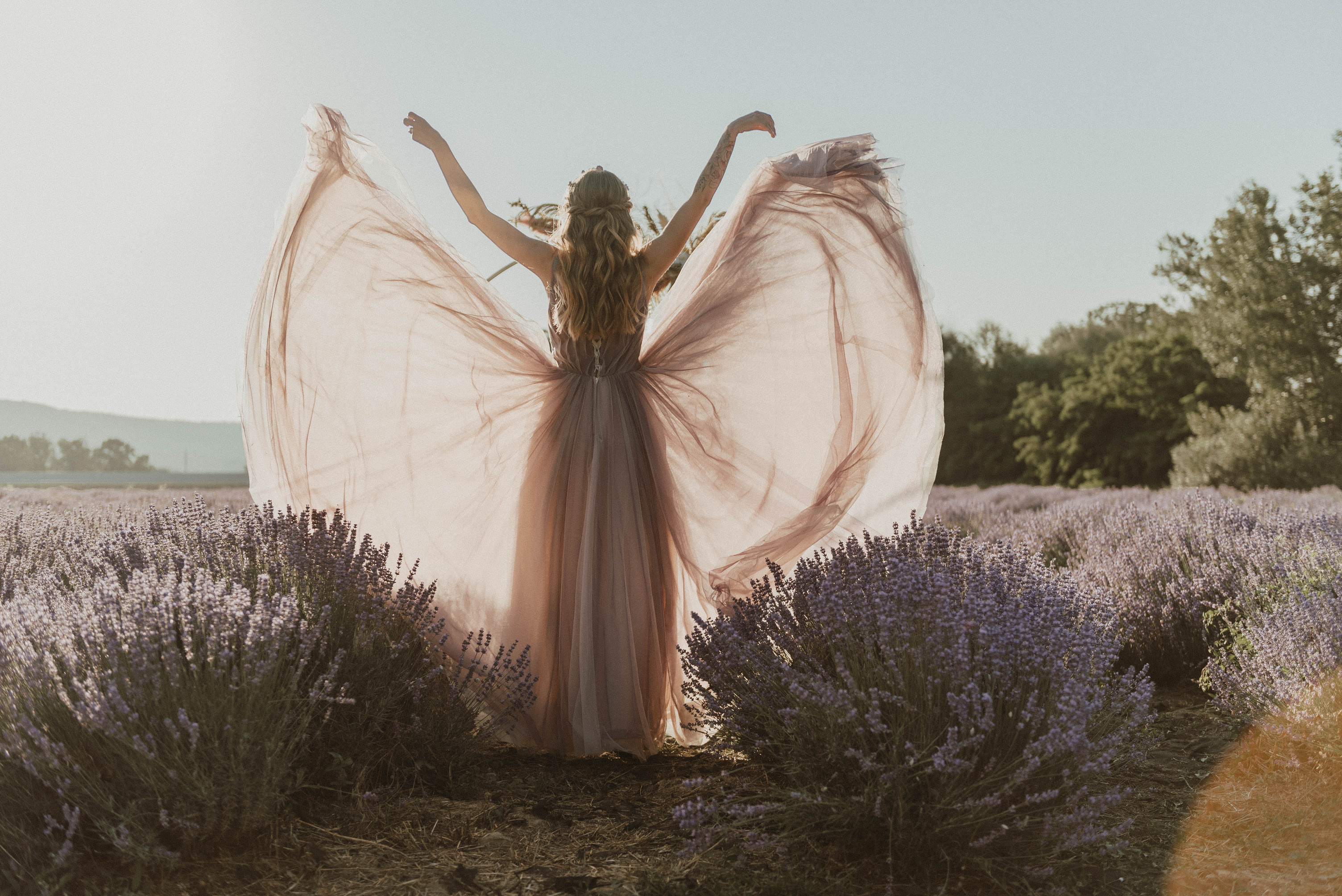 Woman in White Dress Standing on Purple Flower Field